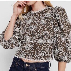 Express Olive White Floral Eyelet Top | Open Back | Puff Sleeve | XS